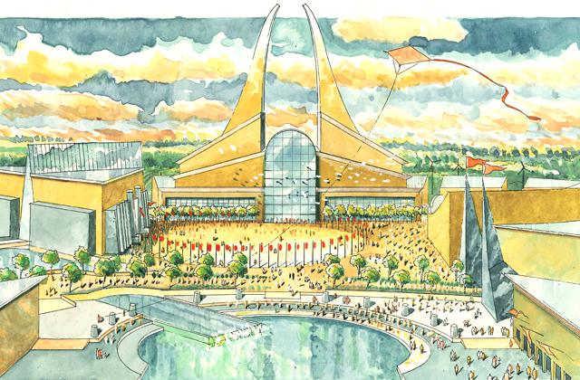 Illustration av förslag till världsutställning i Stockholm.